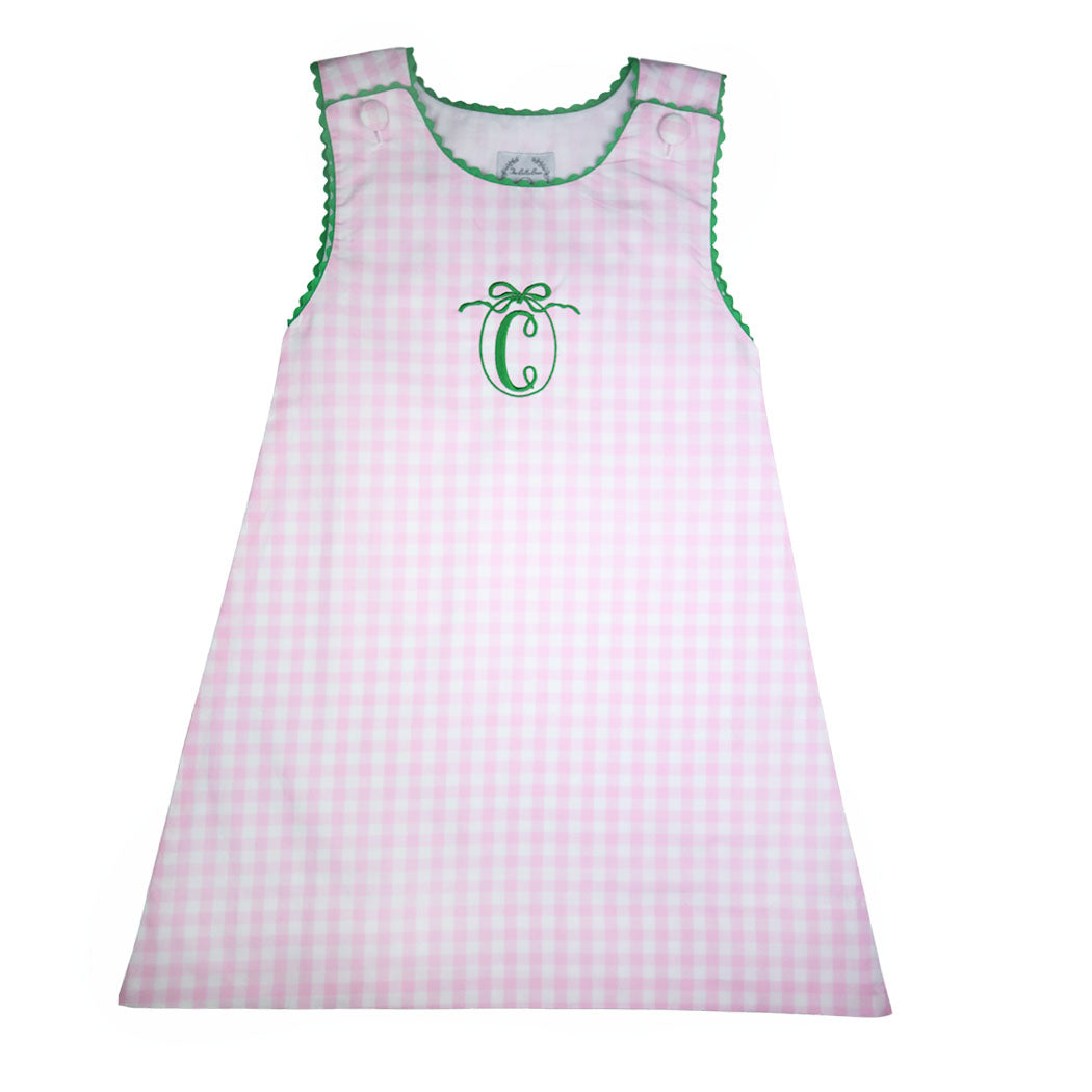 Pink Gingham with Green RicRac Sleeveless Dress