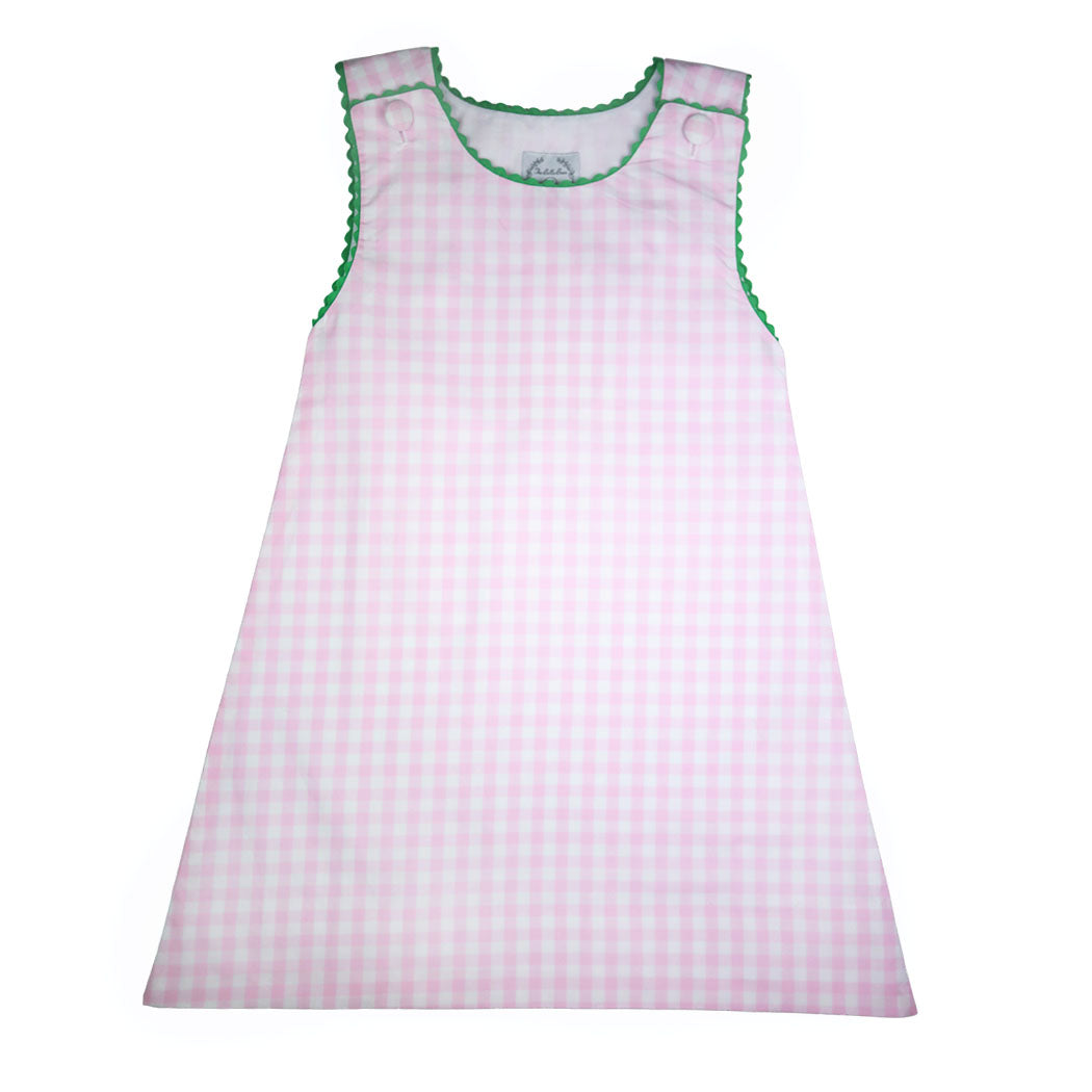 Pink Gingham with Green RicRac Sleeveless Dress