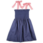 Girls Navy Smocked Dress with Gingham Tie Straps