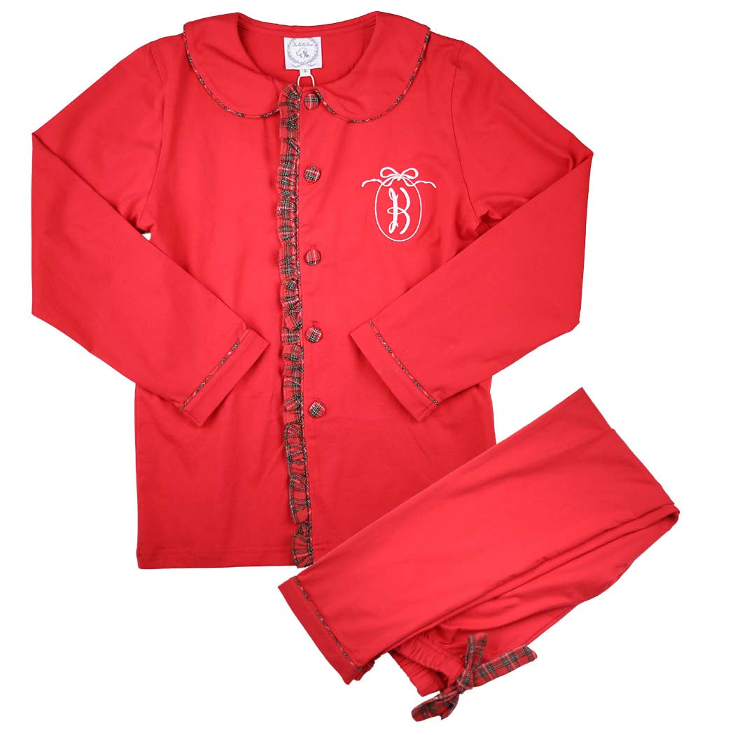 Girls Red Loungewear with Tartan Trim