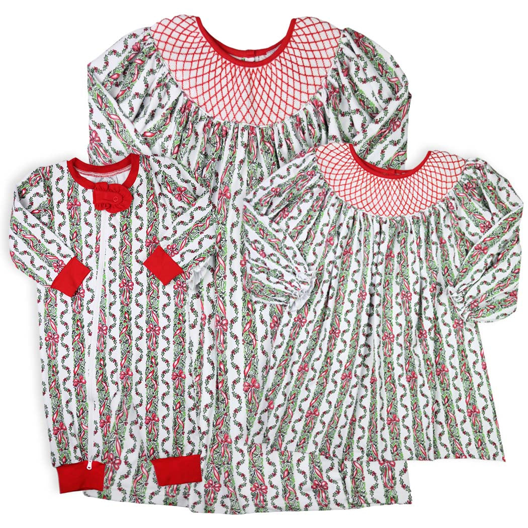 Women's Christmas Smocked Red Ribbon Nightgown
