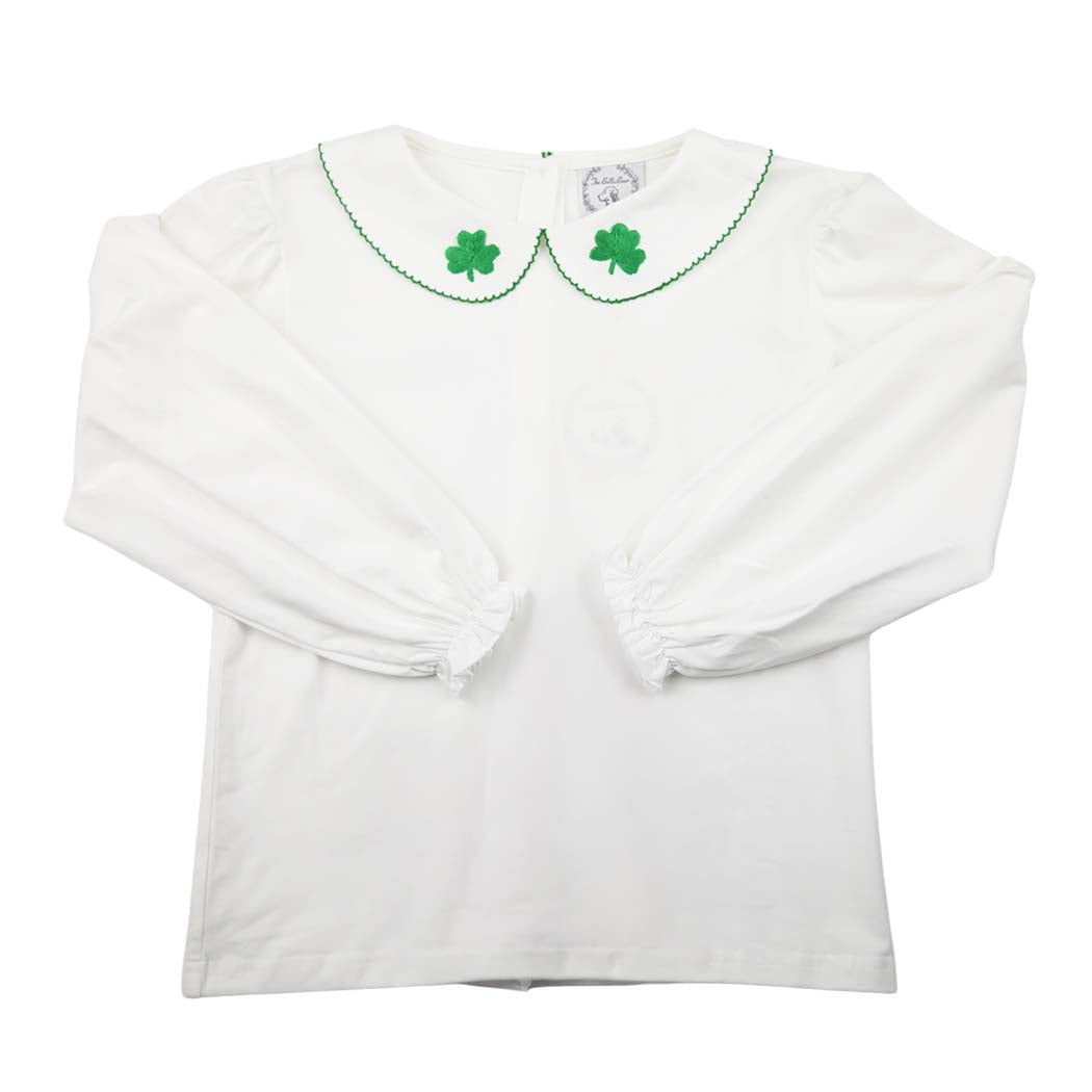 Girls Long Sleeve Peter Pan White Knit Shirt with Shamrock