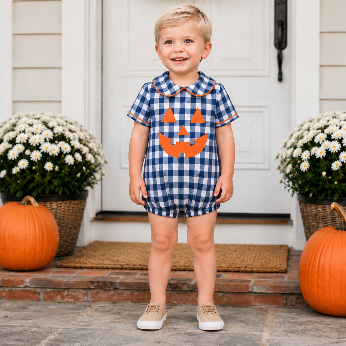 Boys Navy Gingham Jack O' Lantern Bubble