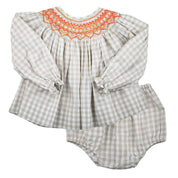 Smocked Autumn Khaki Gingham Bloomer Set