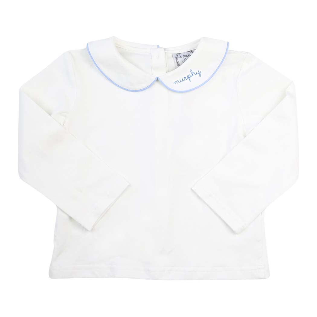 Baby Blue Trim Long Sleeve Peter Pan White Knit Shirt