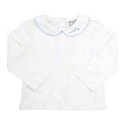 Baby Blue Trim Long Sleeve Peter Pan White Knit Shirt