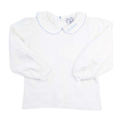 Girls Baby Blue Picot Trim Long Sleeve Peter Pan White Knit Shirt