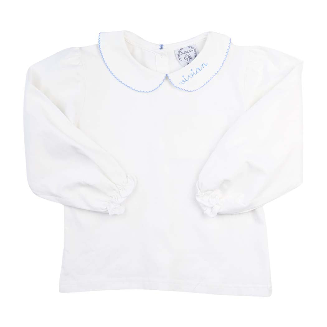 Girls Baby Blue Picot Trim Long Sleeve Peter Pan White Knit Shirt