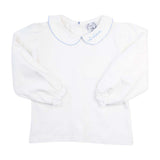 Girls Baby Blue Picot Trim Long Sleeve Peter Pan White Knit Shirt