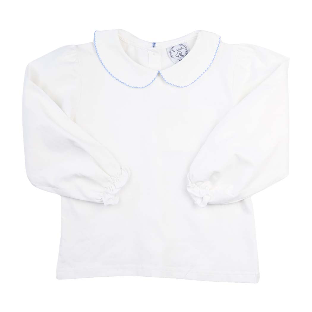 Girls Baby Blue Picot Trim Long Sleeve Peter Pan White Knit Shirt