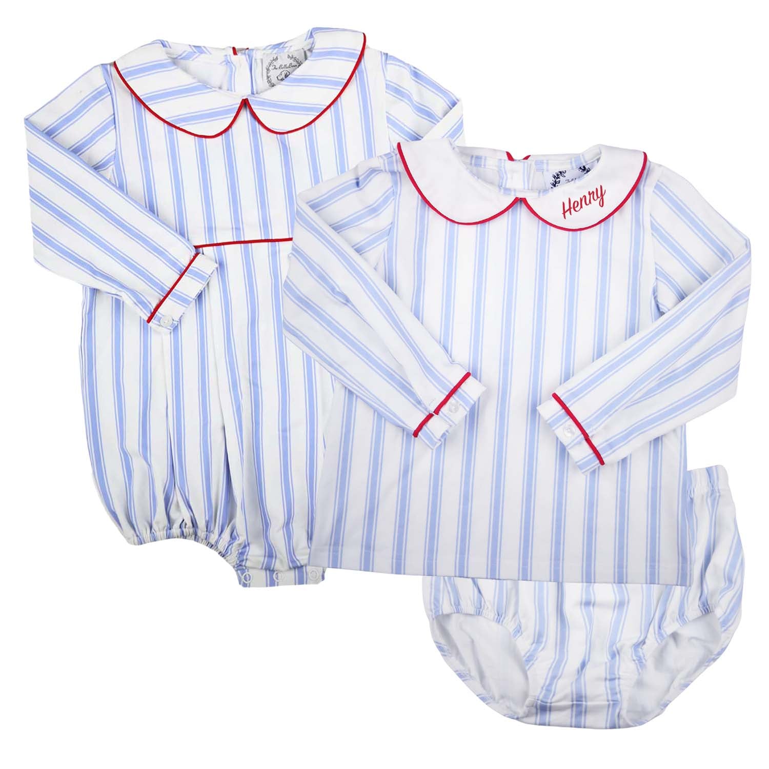 Blue Ticking Swing Set with Red Piping on Collar