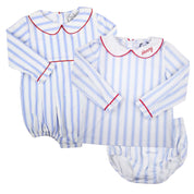 Blue Ticking Swing Set with Red Piping on Collar