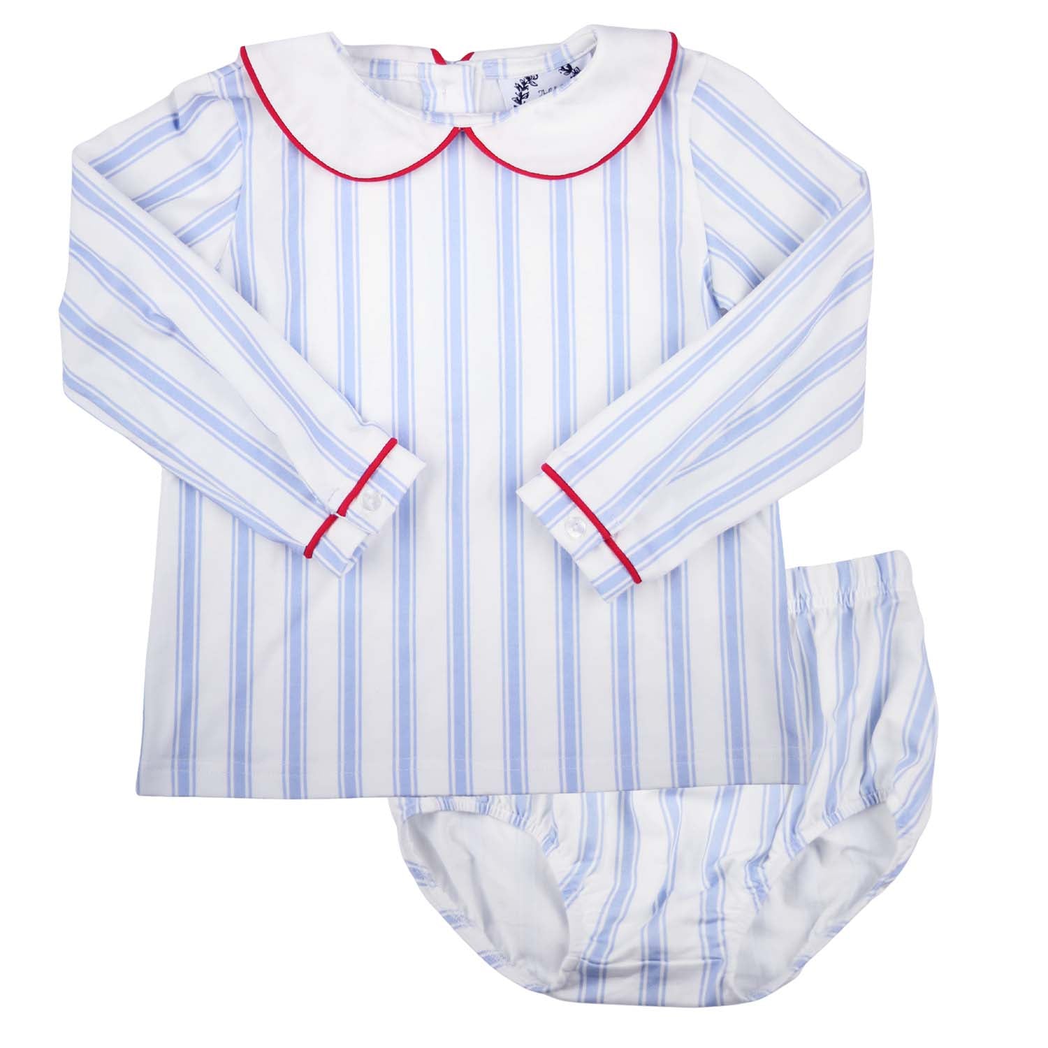Blue Ticking Swing Set with Red Piping on Collar