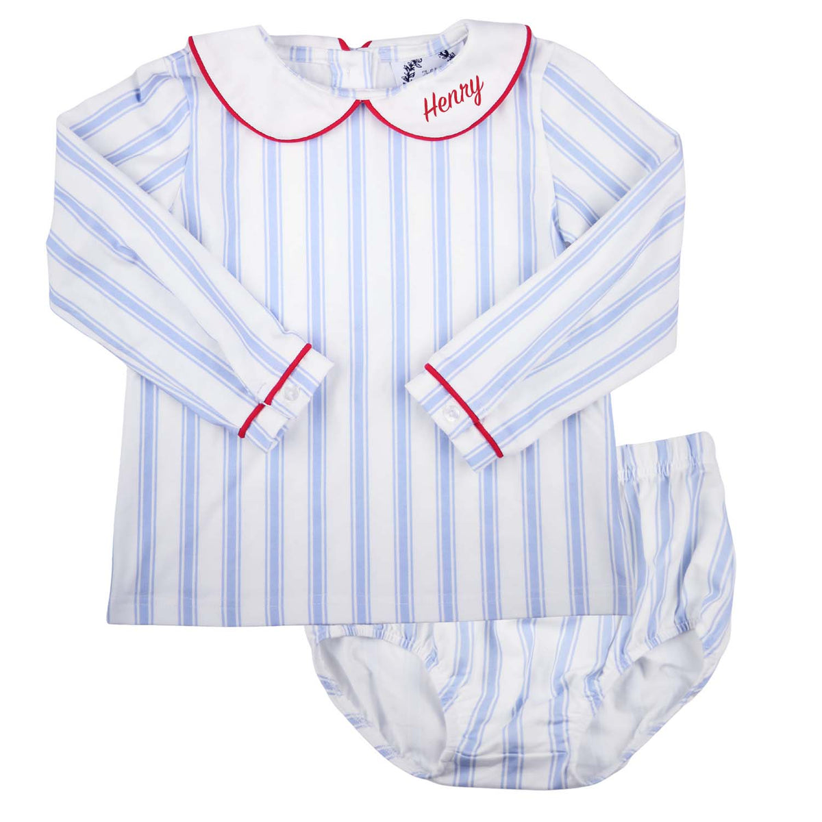 Blue Ticking Swing Set with Red Piping on Collar