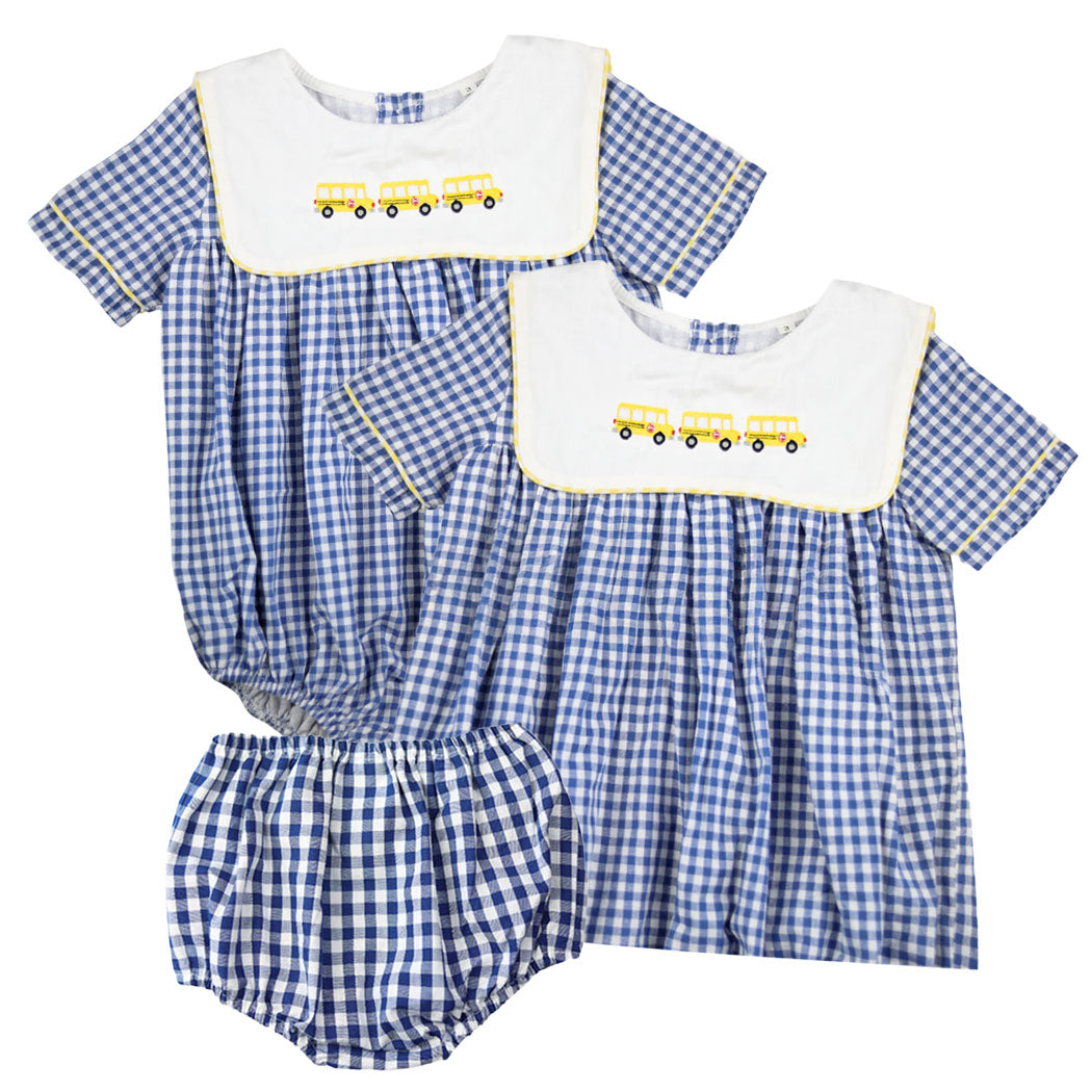 Girls Navy Gingham School Bus Swing Set