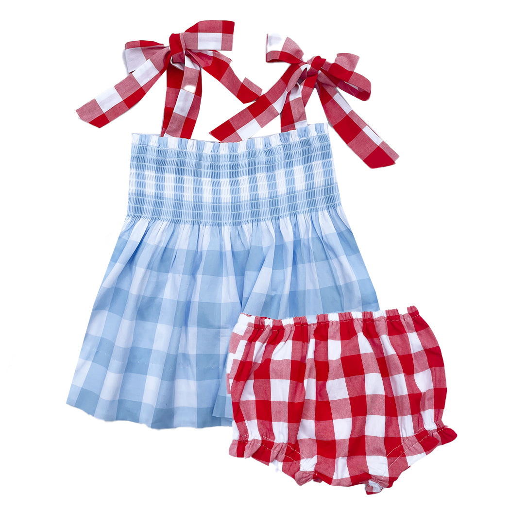 Kelly Smocked Gingham Tie Strap Bloomer Set