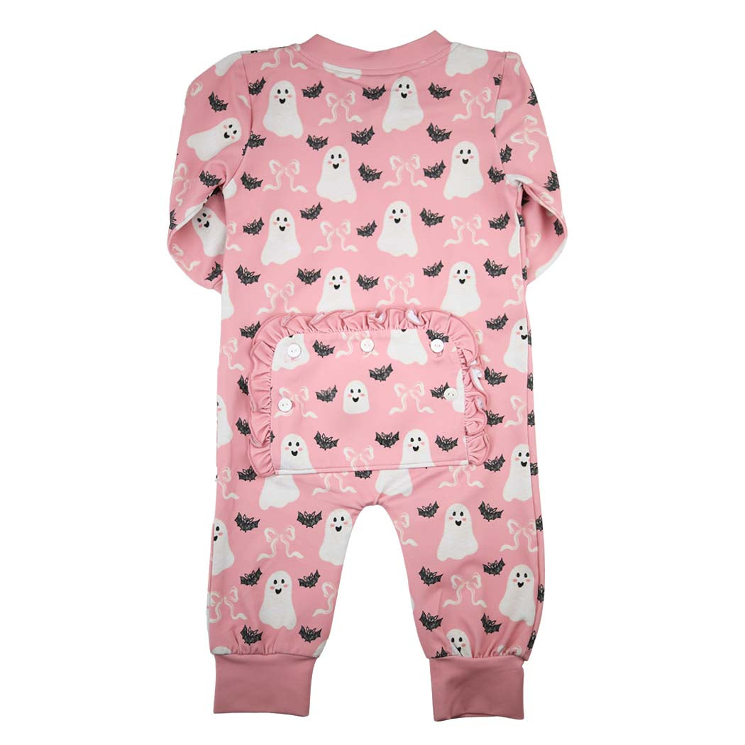 Pink Ghost Halloween Zip Romper