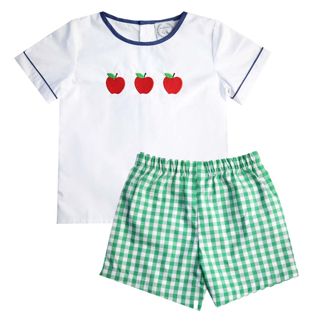 Green Gingham Boys Shorts Set with Apple Embroidery