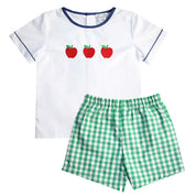 Green Gingham Boys Shorts Set with Apple Embroidery