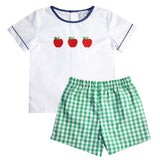Green Gingham Boys Shorts Set with Apple Embroidery