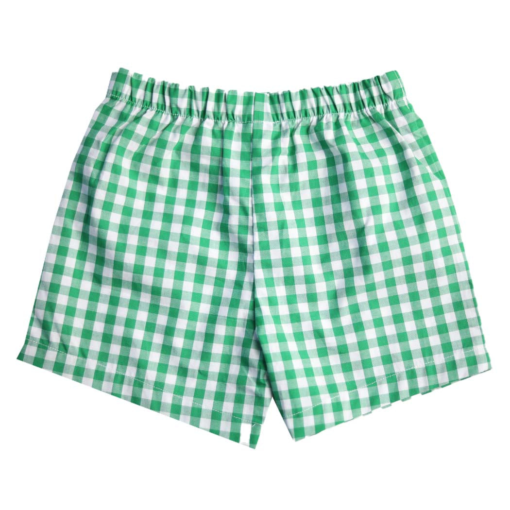 Green Gingham Boys Shorts Set with Apple Embroidery