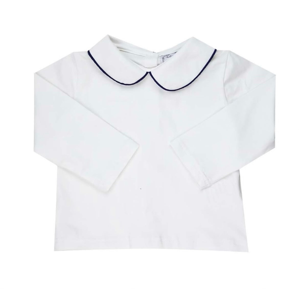 Navy Piped Trim Long Sleeve Peter Pan White Knit Shirt