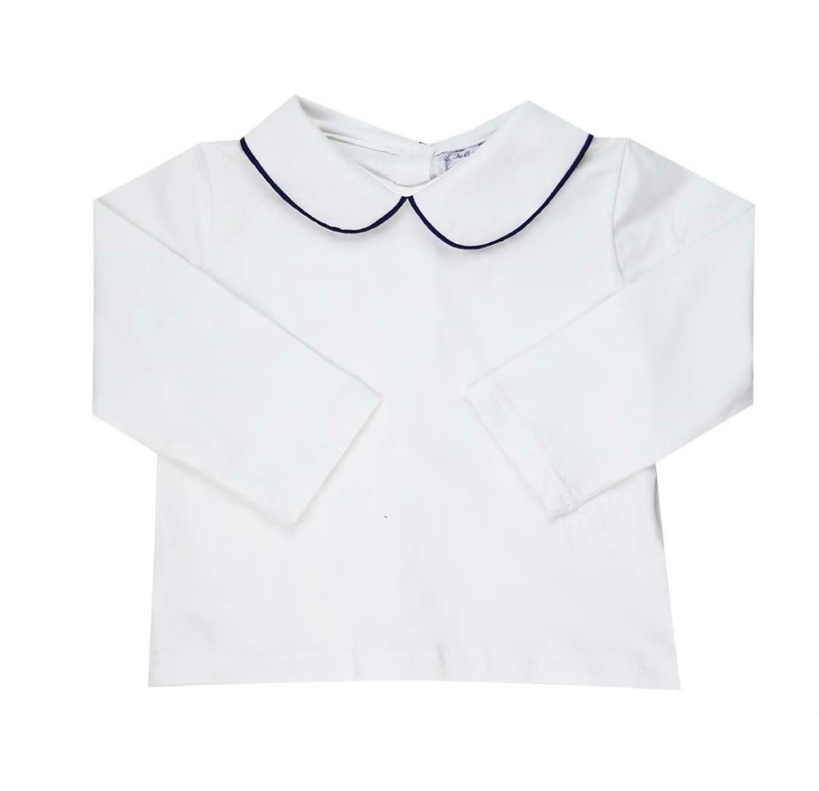 Unisex Navy Pipe Trim Long Sleeve Peter Pan White Knit Shirt