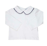 Navy Piped Trim Long Sleeve Peter Pan White Knit Shirt