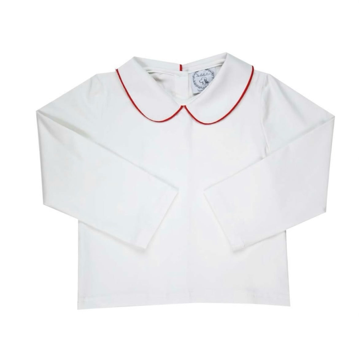 Unisex Red Pipe Trim Long Sleeve Peter Pan White Knit Shirt