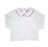 Red Pipe Trim Long Sleeve Peter Pan White Knit Shirt