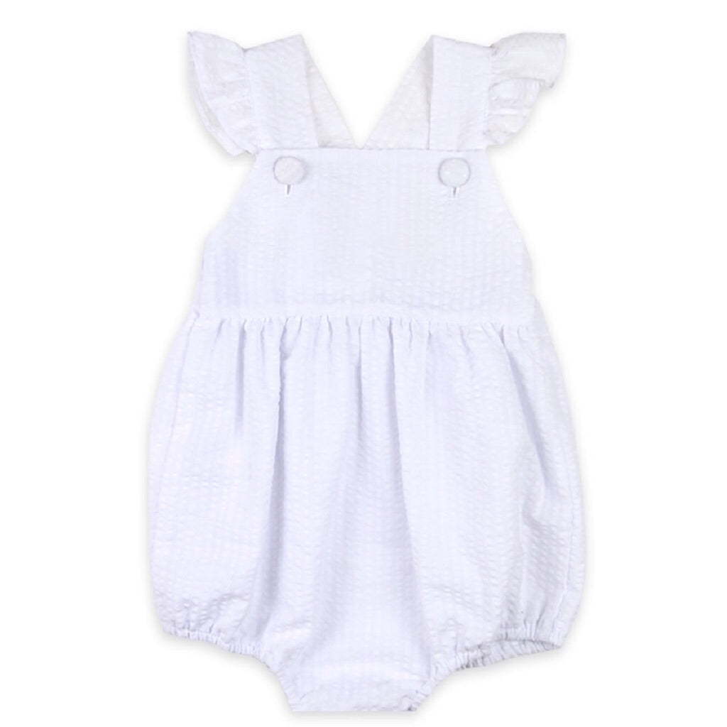 Charlotte Cross-Back Seersucker Ruffle Bubble in White