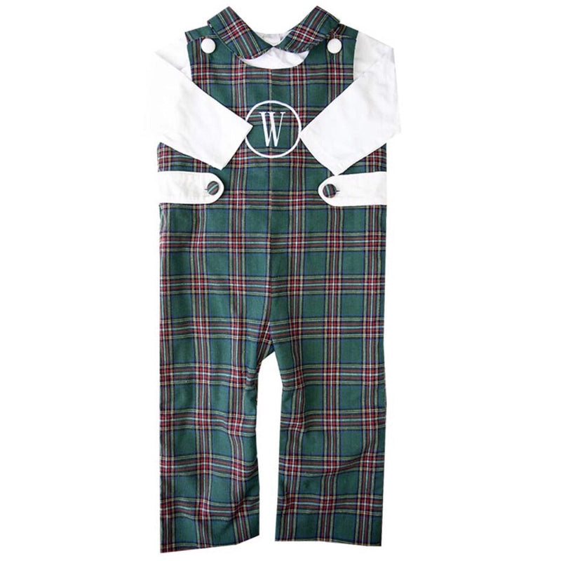 Green Tartan Monogram Outfit for Boys Christmas Holiday 