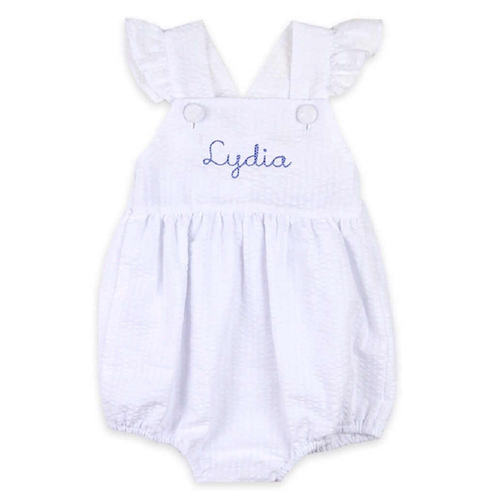 Charlotte Cross-Back Seersucker Ruffle Bubble in White