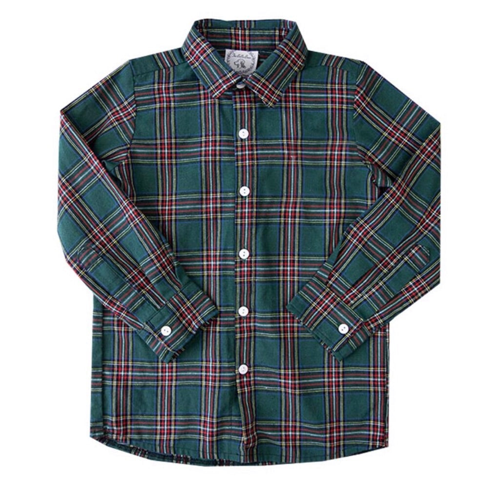Green Tartan Boys Christmas Button Down shirt Gifts 