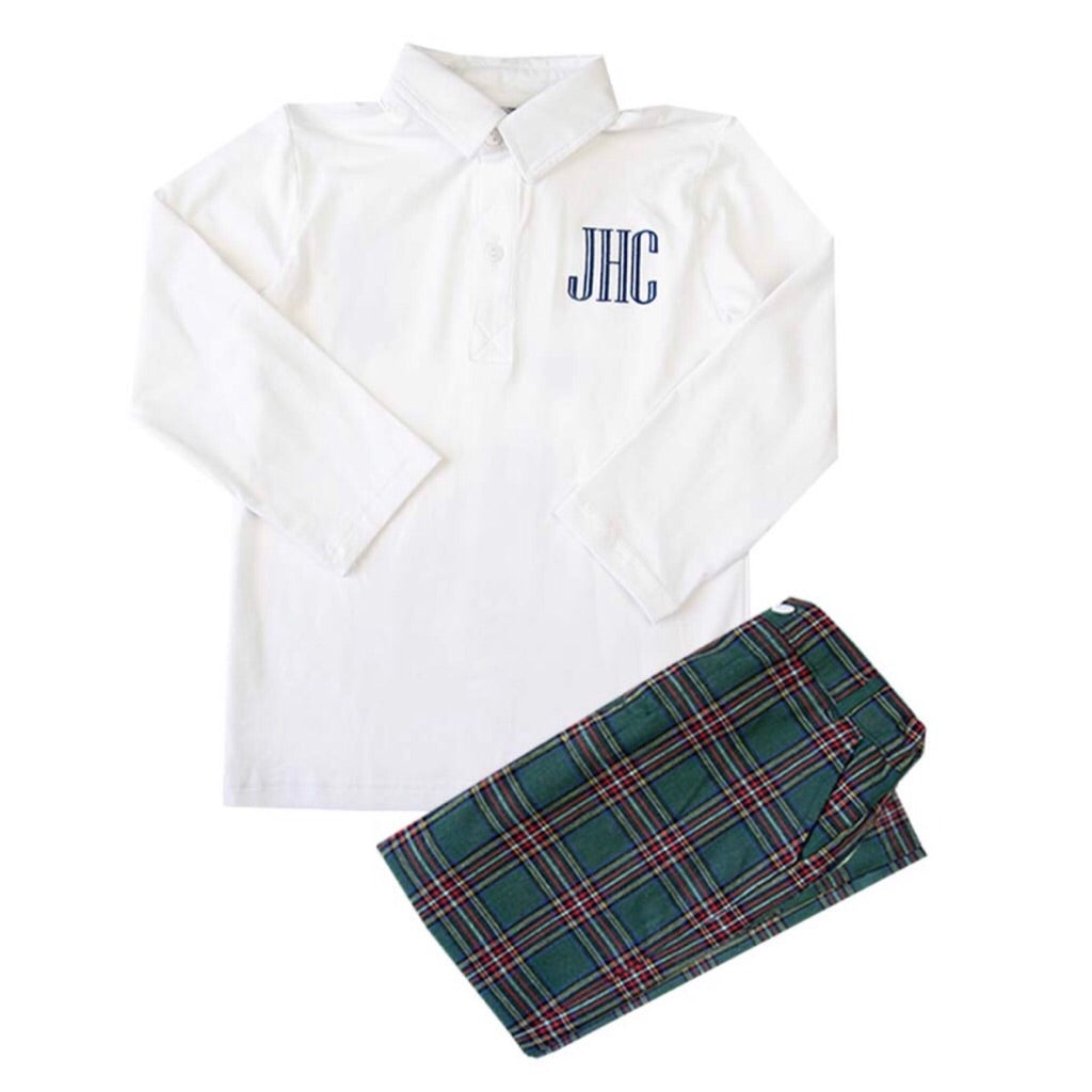 boys christmas outfit monogram green tartan 