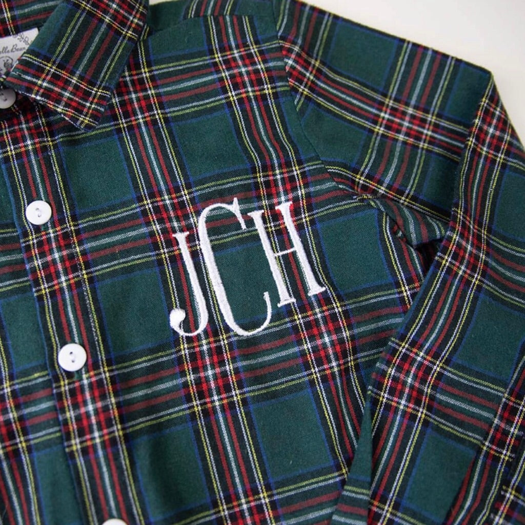 Monogram Button-down Boys Holiday Shirt Green Tartan 