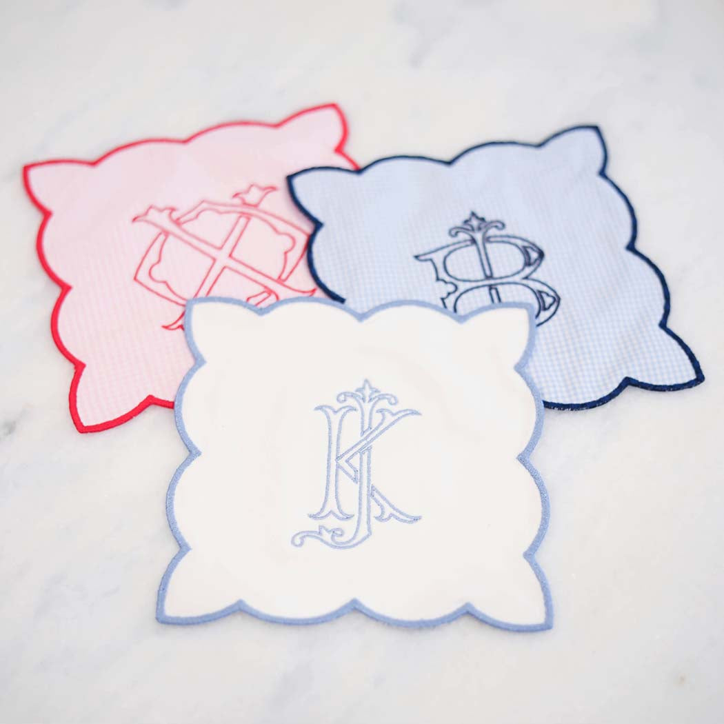 Baby Blue Gingham Monogram Cocktail Napkin with Navy Trim