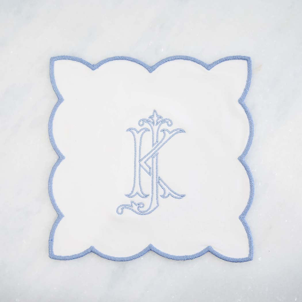 White Monogram Cocktail Napkin with Baby Blue Trim