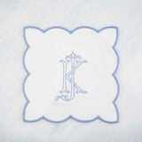 White Monogram Cocktail Napkin with Baby Blue Trim
