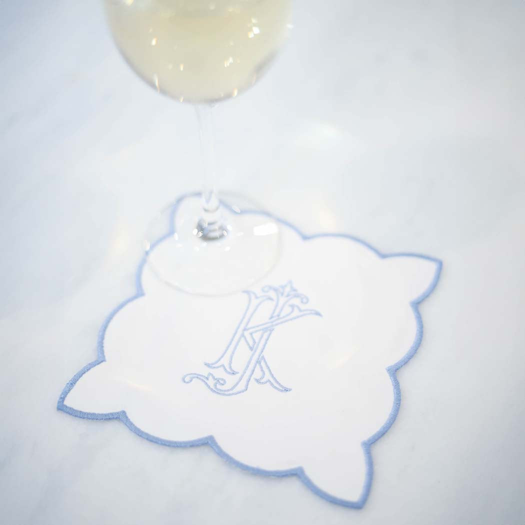 White Monogram Cocktail Napkin with Baby Blue Trim