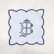 Baby Blue Gingham Monogram Cocktail Napkin with Navy Trim