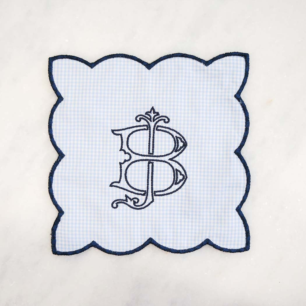 Baby Blue Gingham Monogram Cocktail Napkin with Navy Trim