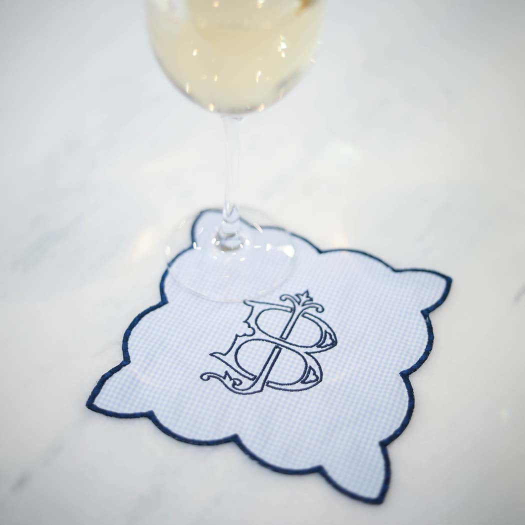 Baby Blue Gingham Monogram Cocktail Napkin with Navy Trim