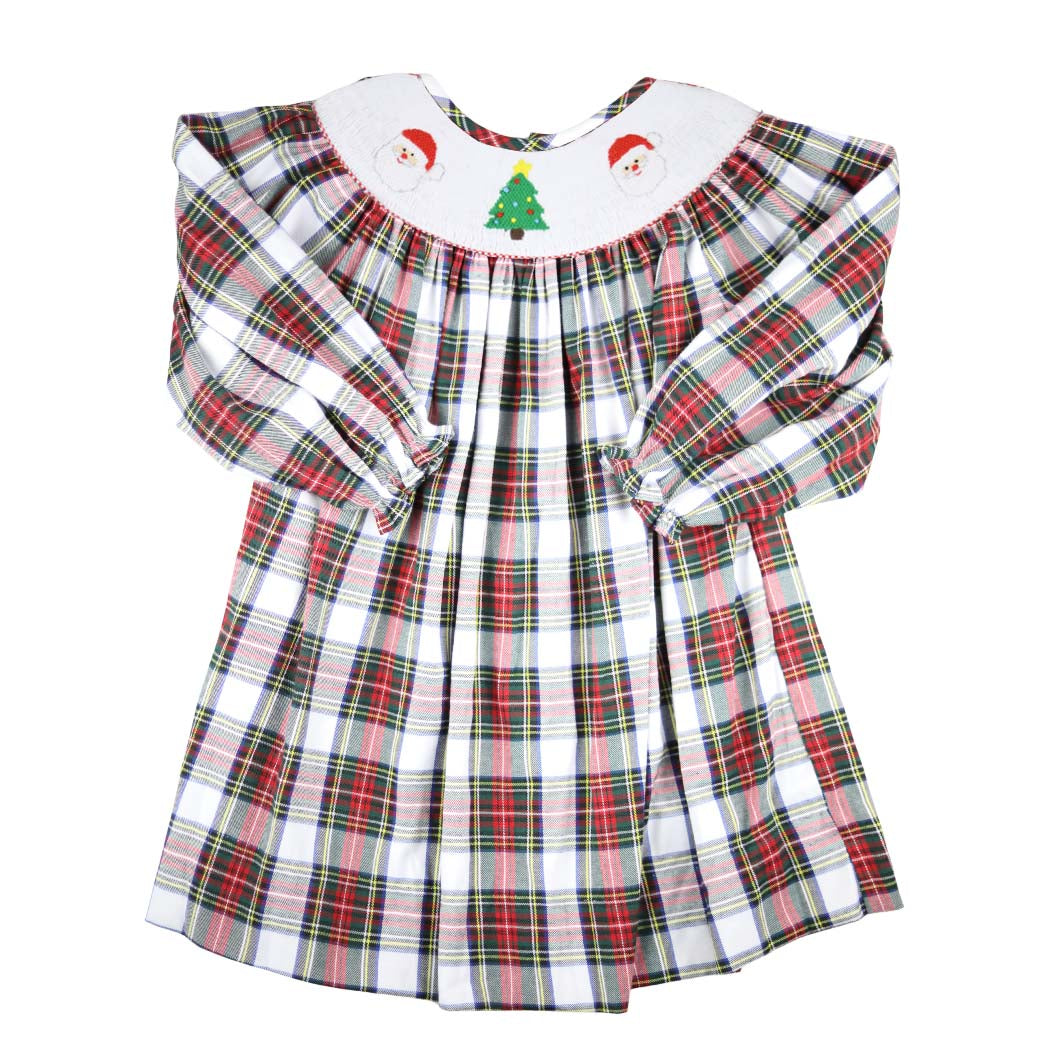 White Tartan Smocked Santa Christmas Dress
