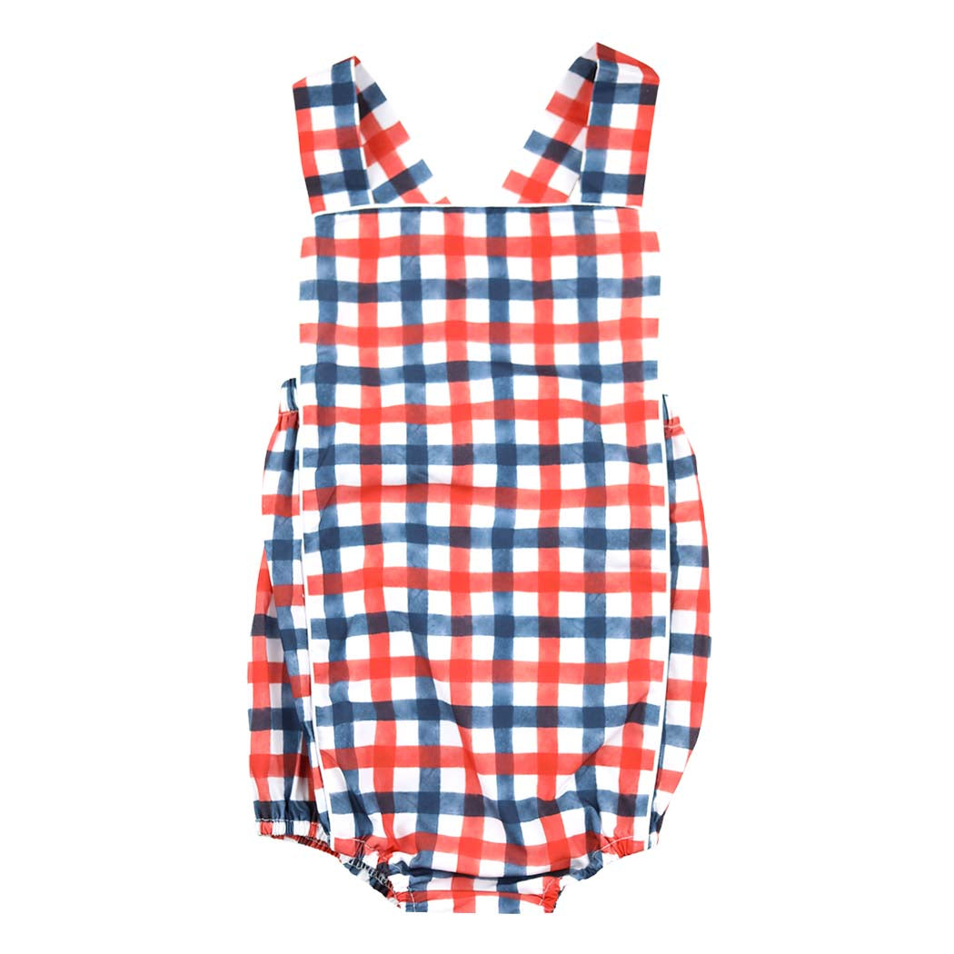 Unisex Red & Blue Gingham Patriotic Sunsuit Bubble