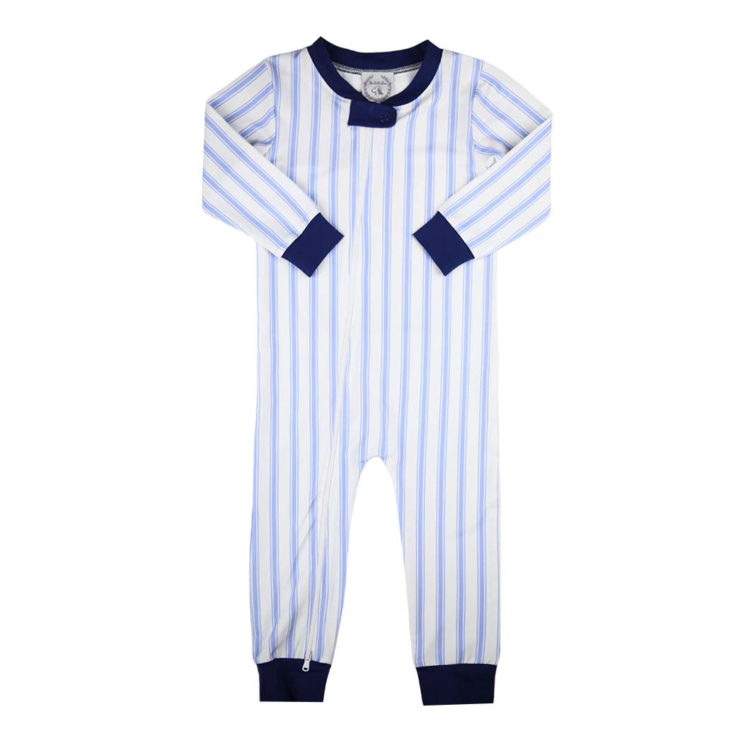 Blue Ticking Knit Zippered Romper