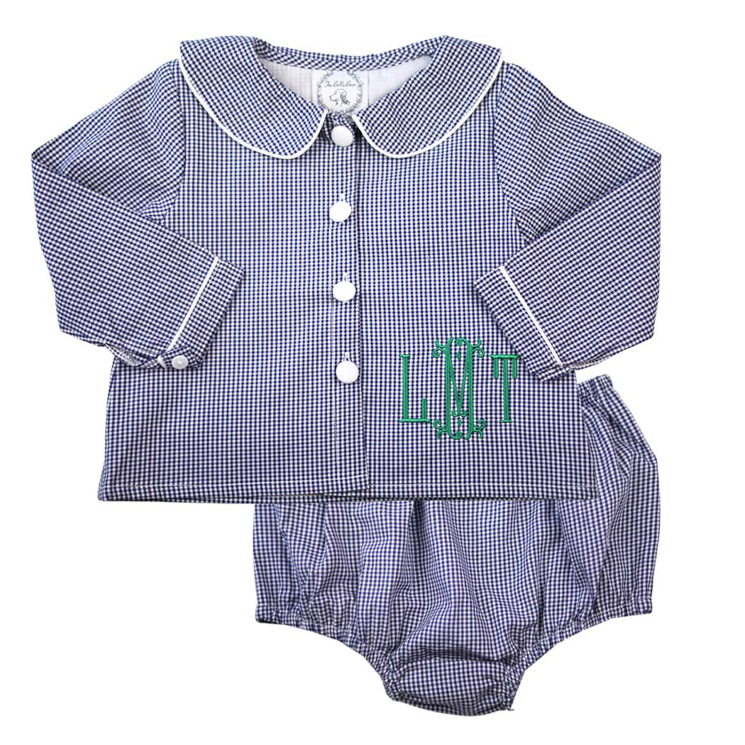 Louis Navy Gingham Long Sleeve Bloomer Set