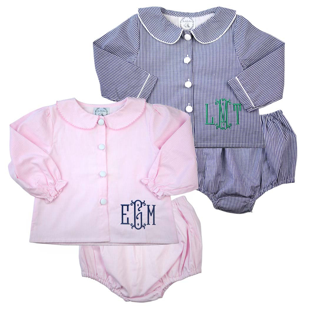 Louis Navy Gingham Long Sleeve Bloomer Set
