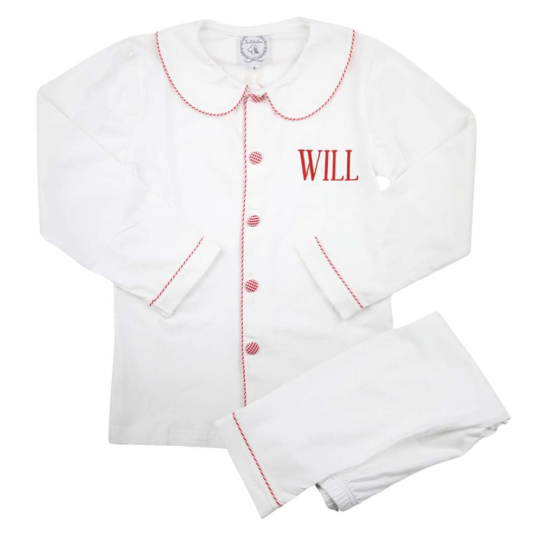 Boys White Loungewear with Gingham Trim