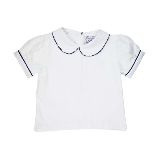 Picot Trim Girls Peter Pan White Knit Shirt